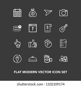 Modern, simple vector icon set on dark background with finger, calendar, sign, real, film, worker, financial, technology, travel, gesture, estate, handle, equipment, location, email, lens, hand icons