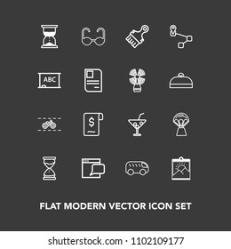 Modern, simple vector icon set on dark background with direction, bicycle, transportation, sunglasses, glasses, hourglass, cocktail, drink, sky, summer, navigation, wheel, clock, hot, highway,  icons