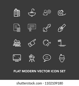 Modern, simple vector icon set on dark background with star, water, cooking, building, finger, sea, technology, toilet, boat, sky, pointing, people, faucet, estate, showing, monitor, ship, house icons