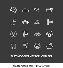 Modern, simple vector icon set on dark background with service, movie, trip, camera, chat, file, retro, bike, modern, national, ghost, lady, call, operator, speech, video, travel, transportation icons