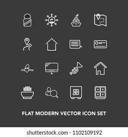 Modern, simple vector icon set on dark background with house, ingredient, map, bank, online, money, location, safe, bugle, home, safety, salt, jazz, trumpet, communication, , web, ocean, dinner icons