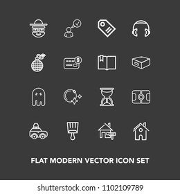 Modern, simple vector icon set on dark background with building, property, architecture, horror, white, music, halloween, house, suitcase, price, stadium, profile, complete, paintbrush, happy icons