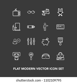 Modern, simple vector icon set on dark background with equality, search, eyesight, paintbrush, user, video, screen, seat, fast, object, brush, leather, atm, chair, fashion, business, style, car icons