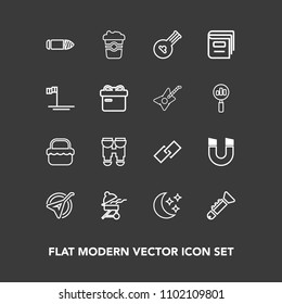 Modern, simple vector icon set on dark background with bullet, music, meat, gun, instrument, science, library, cooking, grill, field, web, bbq, string, hyperlink, military, moon, trumpet, view icons