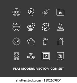 Modern, simple vector icon set on dark background with home, road, folder, sign, face, sink, tobacco, lady, street, light, drink, kitchen, lighthouse, no, tap, safe, car, safety, music, estate icons