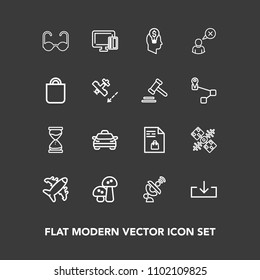 Modern, simple vector icon set on dark background with payment, food, credit, web, hourglass, airplane, time, taxi, transportation, list, sign, sun, global, hour, market, travel, transport, idea icons
