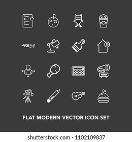 Modern, simple vector icon set on dark background with meal, pen, movie, place, chair, chicken, road, food, camera, tomato, armchair, vintage, real, video, bread, fast, musical, space, white icons