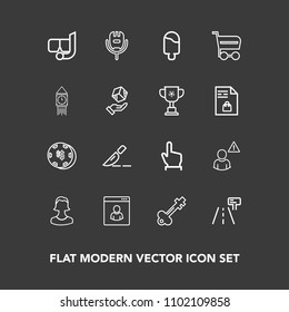 Modern, simple vector icon set on dark background with song, touch, vintage, water, old, surgery, internet, network, food, microphone, door, human, lock, button, traffic, cream, karaoke, hand icons