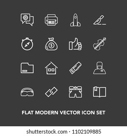 Modern, simple vector icon set on dark background with operation, construction, architecture, doctor, science, document, launch, north, uniform, medical, printer, space, hyperlink, open, hotel icons