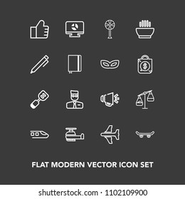 Modern, simple vector icon set on dark background with skate, flight, speaker, train, search, spatula, profile, plane, sound, skateboard, voice, airplane, aviation, cooler, user, extreme, air icons