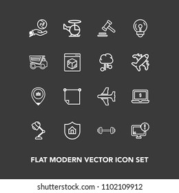 Modern, simple vector icon set on dark background with protection, business, air, electricity, monitor, lamp, law, work, screen, light, helicopter, laptop, sport, dollar, computer, house, money icons