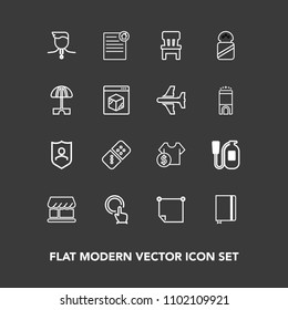 Modern, simple vector icon set on dark background with estate, click, shop, real, shield, gold, office, white, play, room, interior, equipment, chair, contract, domino, cost, finger, house, hand icons