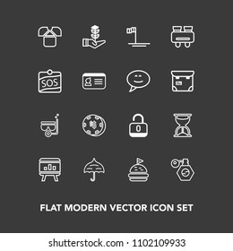 Modern, simple vector icon set on dark background with mask, infographic, timer, sand, bottle, shirt, security, casino, bread, clock, food, template, snorkel, summer, game, water, hour, pump icons