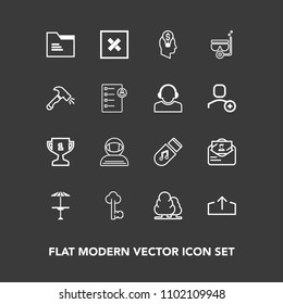 Modern, simple vector icon set on dark background with paper, spacesuit, environment, web, storage, lock, upload, concept, forest, pub, table, idea, achievement, file, landscape, place, tree icons