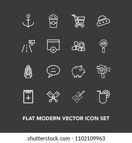 Modern, simple vector icon set on dark background with speech, bank, cup, bubble, white, web, economy, lantern, coffee, download, metal, ship, summer, chat, film, juice, glass, message, paddle icons