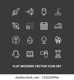 Modern, simple vector icon set on dark background with hour, water, forest, jetliner, rain, retro, tree, plane, environment, dessert, shuttle, sweet, food, location, space, timer, support, clock icons