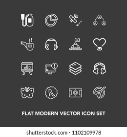 Modern, simple vector icon set on dark background with infographic, technology, nature, sport, safety, musical, fire, butterfly, fly, flight, headset, internet, hierarchy, wing, equipment, pie icons