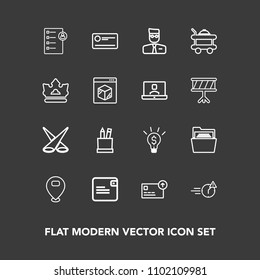 Modern, simple vector icon set on dark background with cash, blank, hotel, education, crown, money, file, night, location, bed, sign, room, equipment, scene, paper, currency, account, dollar icons