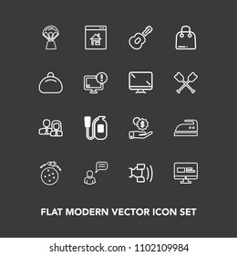 Modern, simple vector icon set on dark background with estate, travel, fire, real, staff, rocket, cell, money, ironing, dollar, planet, sky, space, house, property, white, website, home, musical icons