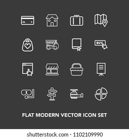 Modern, simple vector icon set on dark background with mouse, money, internet, shop, luggage, picnic, plastic, transportation, direction, diving, business, card, web, people, food, banking, mask icons