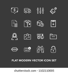 Modern, simple vector icon set on dark background with extreme, document, security, dirt, lady, food, tipper, dump, equality, quad, bag, move, direction, money, folder, file, personal, bus, girl icons