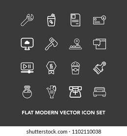 Modern, simple vector icon set on dark background with telephone, double, communication, furniture, interface, video, bedroom, money, spanner, bed, medicine, , id, vase, decoration, tool, bag icons