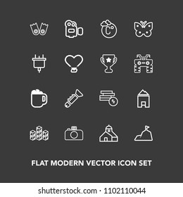 Modern, simple vector icon set on dark background with butterfly, sky, warehouse, thermometer, bank, business, sea, cup, mug, cash, insect, equipment, photography, underwater, summer, bugle icons