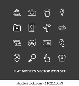 Modern, simple vector icon set on dark background with message, transportation, home, business, sign, name, photography, chat, identification, document, door, beer, sky, transport, bubble, work icons