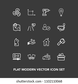 Modern, simple vector icon set on dark background with home, finance, horse, construction, architecture, interface, truck, screwdriver, lorry, transportation, air, meeting, presentation, axe icons