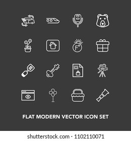 Modern, simple vector icon set on dark background with utensil, supermarket, railway, fan, video, vintage, tool, cooler, key, camera, space, food, notebook, microphone, tripod, summer, park, air icons