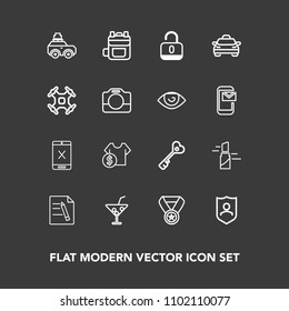 Modern, simple vector icon set on dark background with beauty, office, bag, door, connection, win, subscription, unlock, protect, business, success, summer, cord, car, cost, travel, sale, lock icons