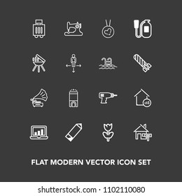 Modern, simple vector icon set on dark background with equipment, laptop, travel, hand, rent, fashion, graphic, fire, nature, baggage, estate, retro, hotel, drill, vintage, music, craft, luggage icons