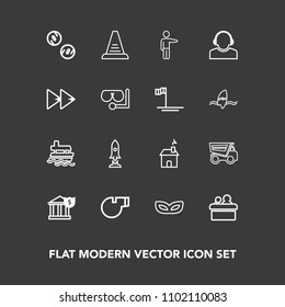 Modern, simple vector icon set on dark background with step, dump, carnival, public, finance, celebration, spaceship, ladder, building, house, craft, money, presentation, dumper, sea, mask, ship icons