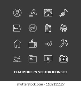 Modern, simple vector icon set on dark background with picking, file, crane, house, law, industry, camera, white, food, seafood, wear, screen, profile, legal, paper, office, building, fish, sea icons