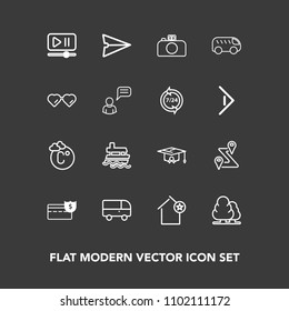Modern, simple vector icon set on dark background with home, video, bus, interface, camera, route, temperature, map, university, ocean, transport, internet, fahrenheit, speed, sea, button, email icons