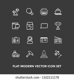 Modern, simple vector icon set on dark background with concept, office, luggage, travel, magnifying, record, airplane, bag, search, equipment, profile, aircraft, female, id, center, step, radio icons