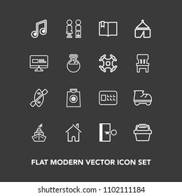 Modern, simple vector icon set on dark background with standing, buy, beautiful, safe, security, fun, safety, home, click, sound, bank, , estate, leisure, architecture, boat, girl, sign, door icons