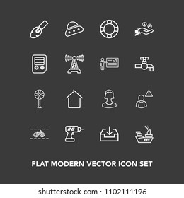Modern, simple vector icon set on dark background with sea, transportation, business, house, air, military, cooler, ventilator, water, profile, web, war, sign, cycle, building, download, wheel icons