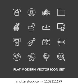 Modern, simple vector icon set on dark background with find, military, money, cash, musical, eiffel, phone, landmark, currency, song, guitar, web, circle, concept, shirt, fashion, tshirt, male icons