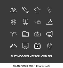 Modern, simple vector icon set on dark background with file, water, photography, summer, cloud, baseball, sign, house, pharaoh, home, pin, snorkel, birdhouse, equipment, egypt, page, wooden, map icons