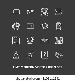 Modern, simple vector icon set on dark background with string, graphic, laptop, computer, player, speech, instrument, tent, interior, audio, trumpet, drill, hand, equipment, outdoor, jazz, sofa icons