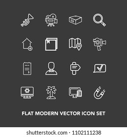 Modern, simple vector icon set on dark background with credit, movie, nature, house, science, trumpet, drawer, jazz, communication, computer, shopping, payment, search, financial, business, bill icons