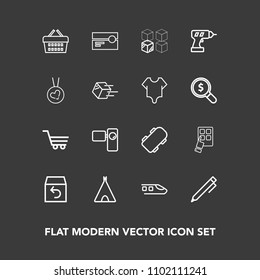 Modern, simple vector icon set on dark background with internet, tape, camera, retro, tent, pencil, audio, store, modern, box, education, transportation, skate, railway, stereo, adventure, camp icons