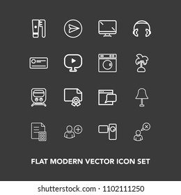 Modern, simple vector icon set on dark background with light, railway, movie, certificate, display, business, online, financial, sign, clean, video, add, profile, finance, monitor, achievement icons