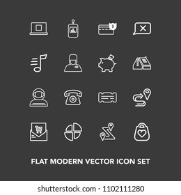Modern, simple vector icon set on dark background with cosmonaut, control, business, technology, astronaut, graph, entertainment, money, profile, chat, chart, internet, coin, retail, ticket, tv icons
