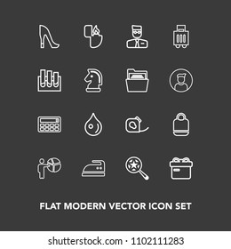 Modern, simple vector icon set on dark background with leather, magnifying, insulating, people, find, style, web, search, clothes, fashion, high, rain, business, ironing, object, liquid, ribbon icons