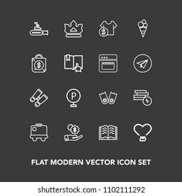 Modern, simple vector icon set on dark background with flipper, glasses, vision, boat, literature, sport, finance, baggage, investment, airport, price, underwater, marine, money, bank, sale, spy icons