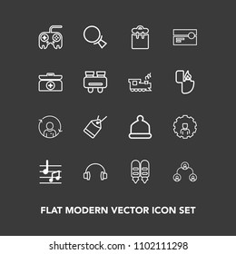 Modern, simple vector icon set on dark background with cassette, online, internet, aid, arrow, sale, head, phone, fashion, box, pretty, technology, button, audio, kit, find, emergency, , search icons