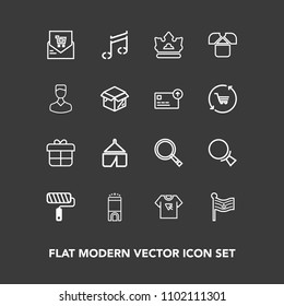 Modern, simple vector icon set on dark background with tent, present, magnifying, find, search, nation, print, sign, decoration, room, tool, retail, adventure, box, luxury, shirt, roller, gift icons