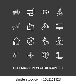 Modern, simple vector icon set on dark background with communication, summer, investment, south, banking, snorkel, direction, protection, kite, fun, architecture, , blue, eye, money, sky, cycle icons